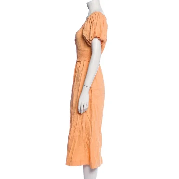 ALC Peach Smocked Puff Sleeve Linen Blend Midi Dress Size 6 - Picture 5 of 8
